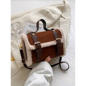 Faux Suede Satchel Fur Trim Crossbody Bag‎ Top Handle Buckle Detail